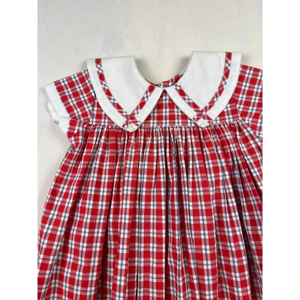 Rags Land Girls Red White Blue Plaid Peter Pan Collar Cotton Dress Size 6 USA